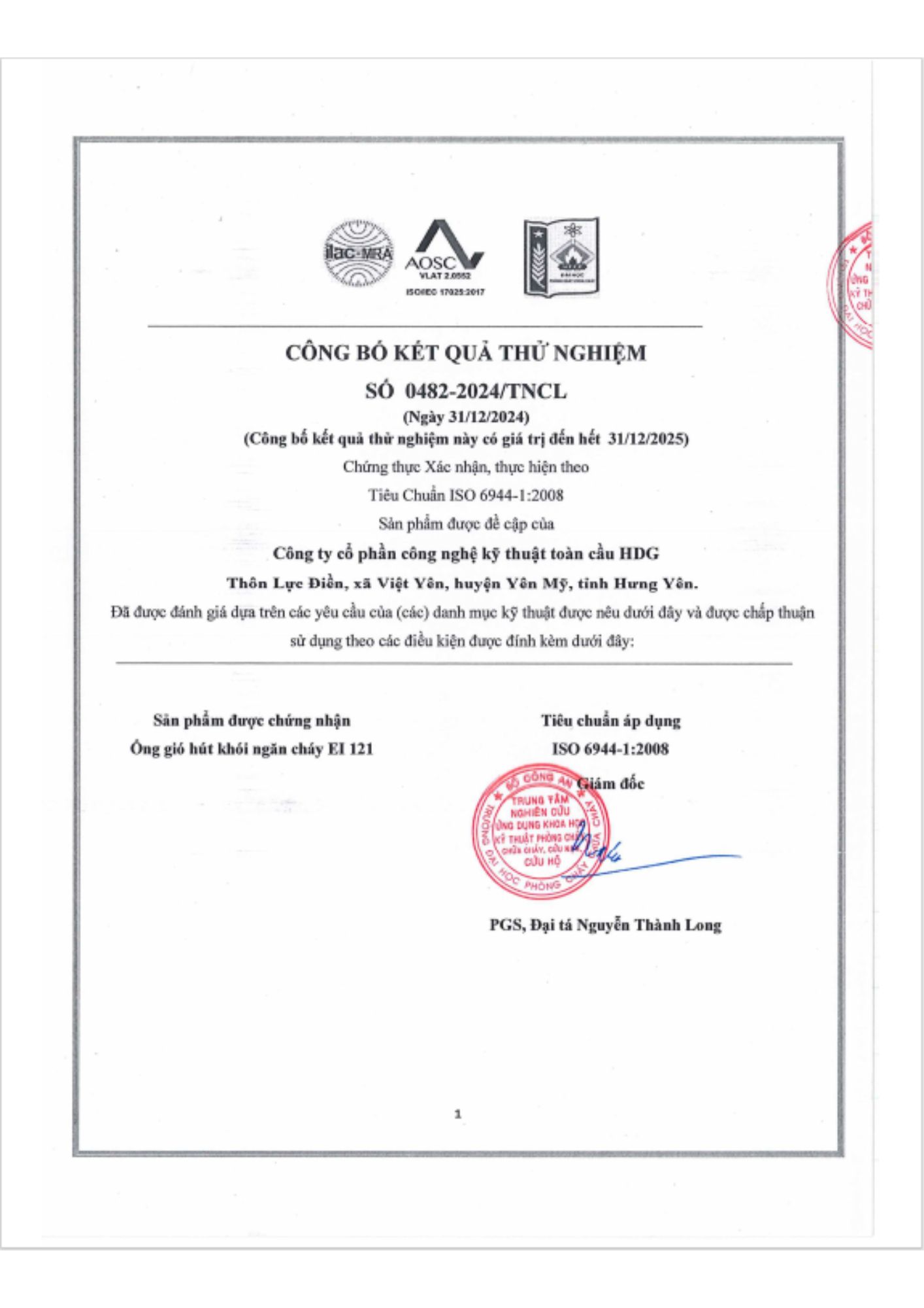 Kết quả test Ống gió EI 120